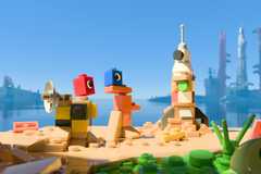 The key art of Lego Voyagers showing the Lego bricks and a small rocket made out of Lego Pieces