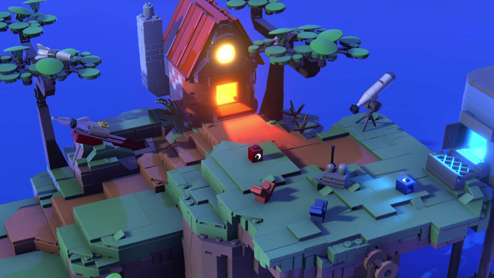 An official Legoy Voyagers screenshot showing the two brick characters laying around next to their houses