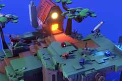An official Legoy Voyagers screenshot showing the two brick characters laying around next to their houses