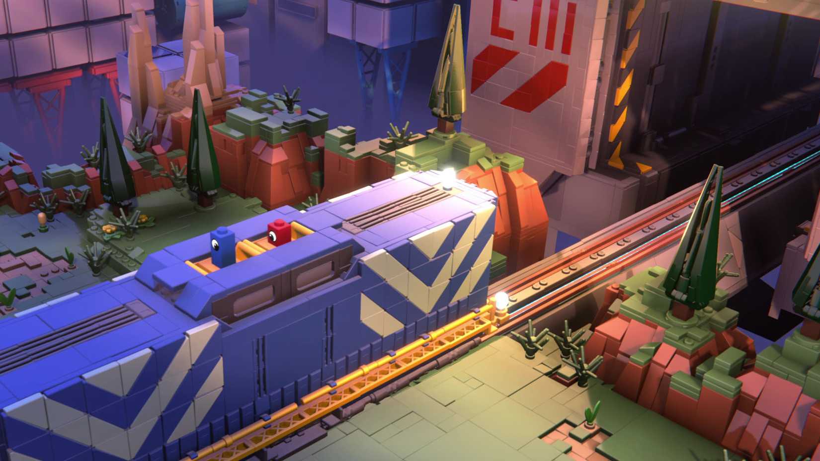 An official Lego Voyagers screenshot showing the two brick characters on top of a blue train.