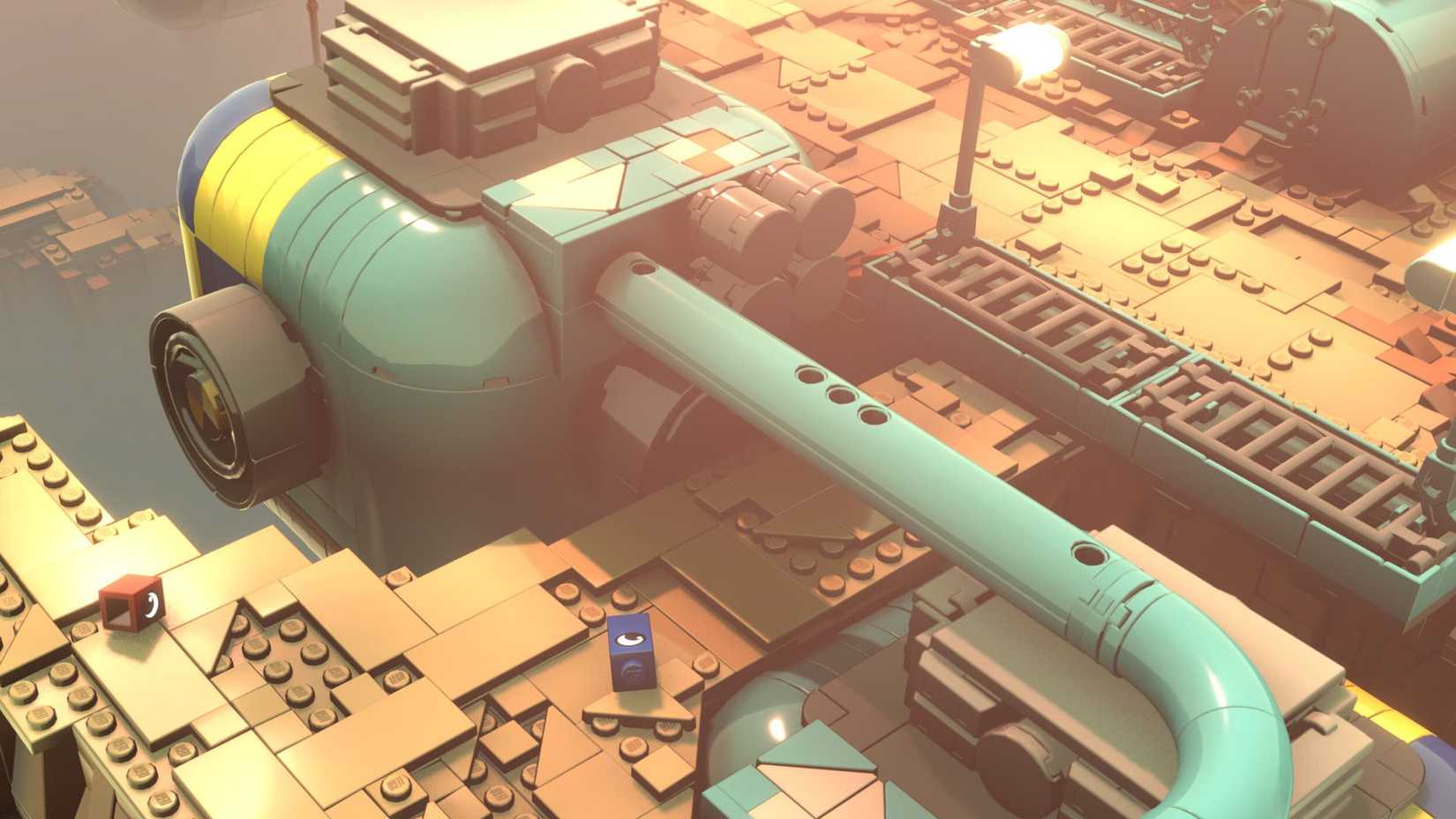An official Lego Voyagers screenshot showing both characters next to a large structure that resembles a camera